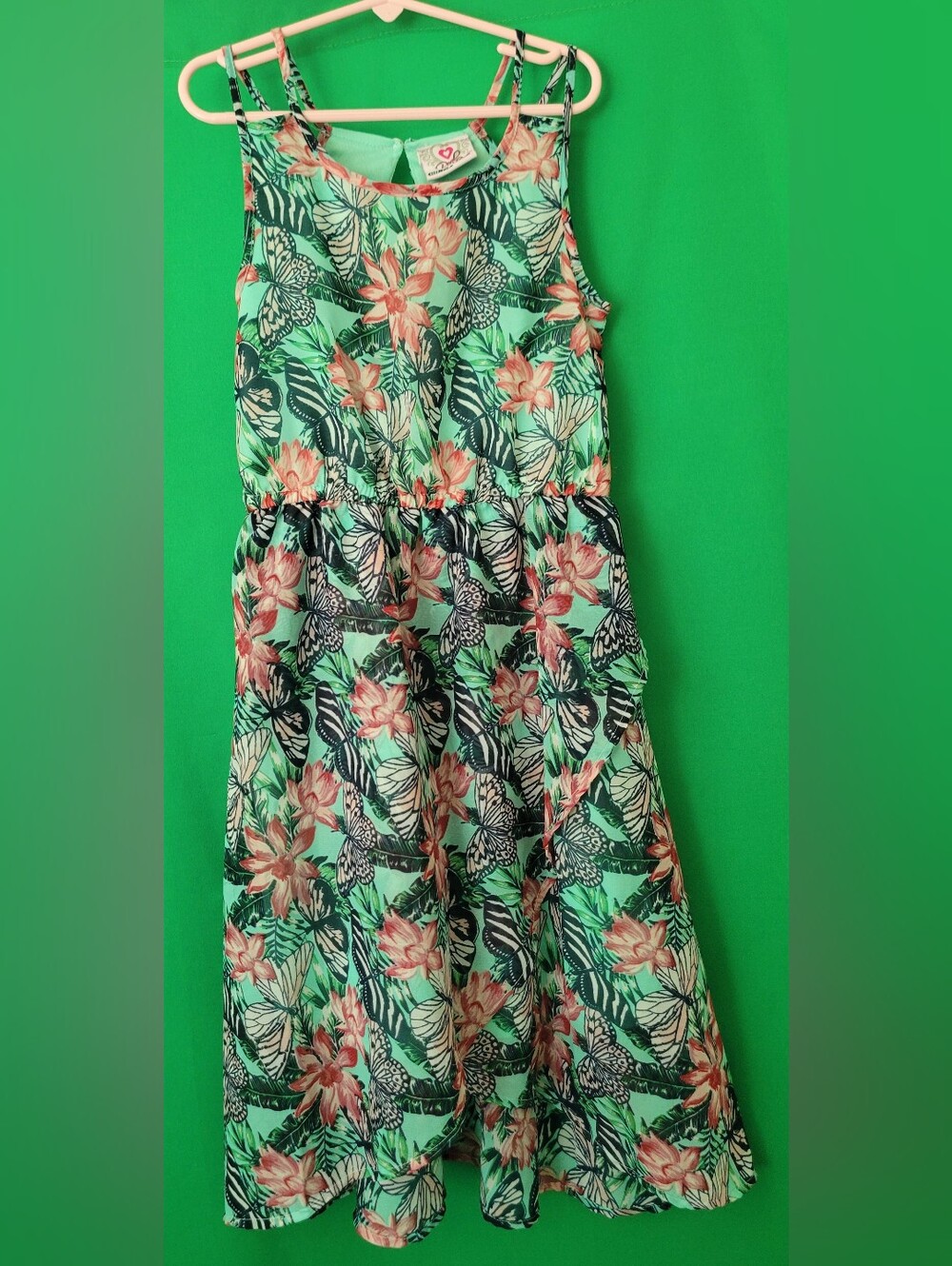 Rebel Love Girls Floral Green Summer Dress Butterfly Spaghetti Straps Sz 7/8 Vtg